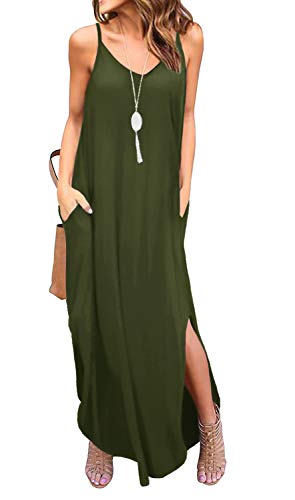 GRECERELLE Women's Summer Casual Plain Loose Beach Cover Up Long Maxi Cami Dress with Pockets Army Green-Medium