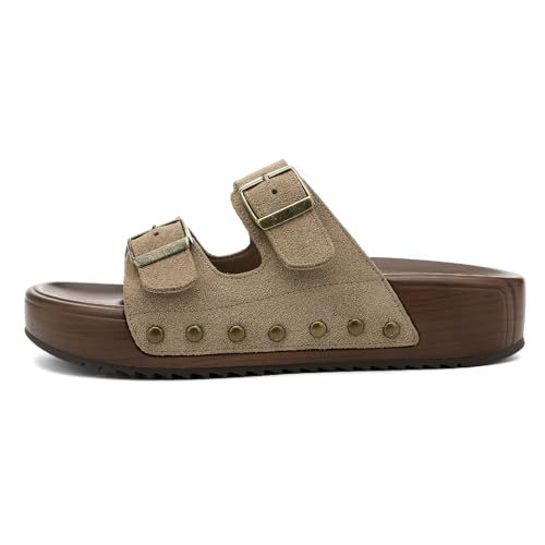 Image of UBFEN Womens Platform Slide Sandals | Real Leather,Buckle Sandals with Cushioned Flatform Footbed,Comfortable for Walking,Arch Support,Casual Styling