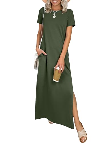 ANRABESS Womens Summer Casual Maxi Dress Short Sleeve Crewneck Split Wrinkle-Free Travel Long Sundress Beach Vacation Clothes Army Green Medium