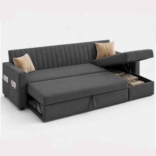 Image of CASASTYLE Kyagar 6 Person Seating RHS L Shape Sofawith Pull Out Bed & Storage Lounger | Premium Soft Velvet Suede Fabric | Comfort Cushions | Ideal for Living Room, Hotel & Office (Dark Grey)