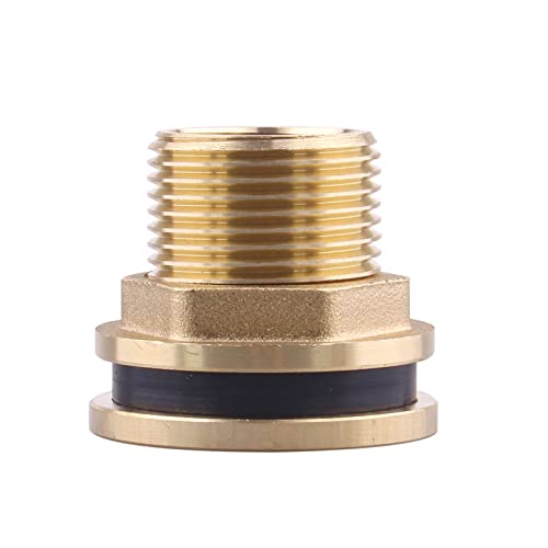 Brass Bulkhead Fitting - 1/2" NPT Female x 3/4" Straight Male Thread Water Tank Connector with 2 Rubber Rings for Water Tower Tank Barrels (pack of 1)