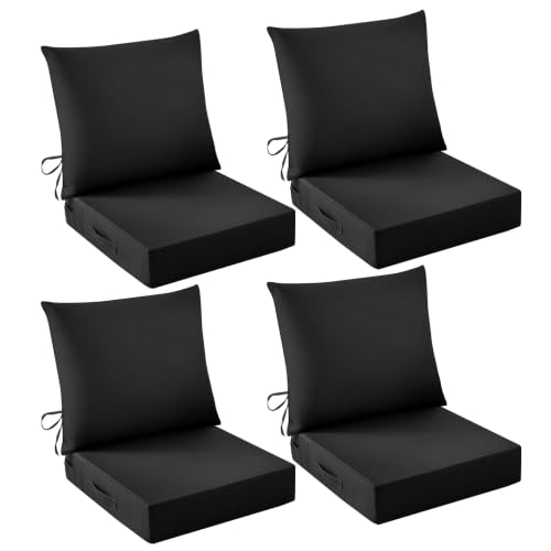 Image of Outdoor Chair Cushions, 24 x 24 Inch Outdoor Cushion for Patio Furniture, Patio Chair Cushion, Waterproof & Fade Resistant Deep Patio Furniture Cushions Set with Handle and Ties, Black (Set of 4)