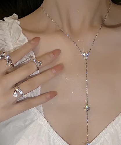 Wekicici Long Rhinestone Necklace Y Teardrop Necklace Sparkly Crystal Tassel Pendant Long Chain Silver Necklace for Women2