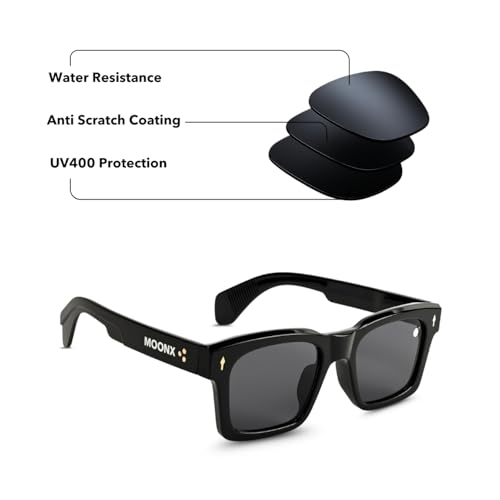 Image of MOONX Cosmic S1 UV Protected Wayfarer Sunglasses for Men & Women | Black PC Frame | Black Lens | Stylish Unisex Eyewear for Driving, Travel & Casual Outings