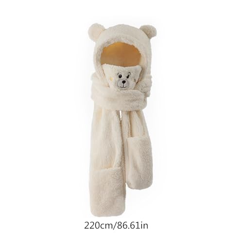 Muloo Cute Fleece Bear Ear 4in1 Scarf Hat Mitten Mask Suit Soft Winter Hat Thicken Warmer Supplies for Women Teens Winter, Beige4
