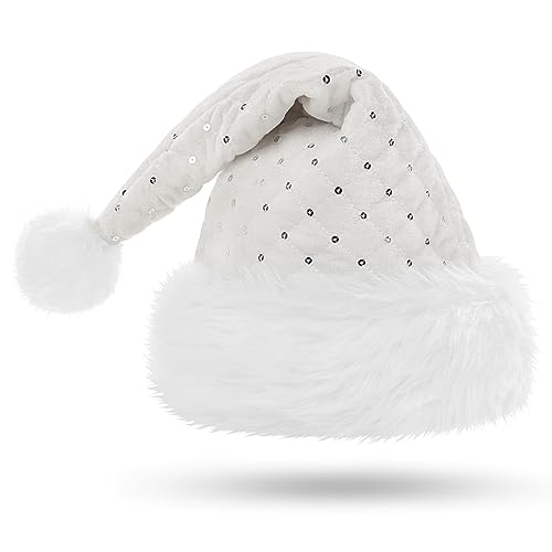 KONVINIT White Santa Hat Large Adult Christmas Hats Plush Xmas Hat with Sequin,Plush Santa Claus Hat for Christmas Party or Costume,white - Image 2