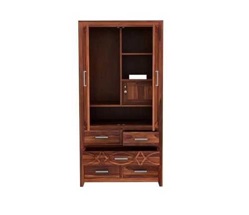Image of Solid Sheesham Wood 5-Drawer Wardrobe with 4 Shelves & Locker Storage | Almirah for Bedroom - Solid Wood Large Cupboard | Honey Finish