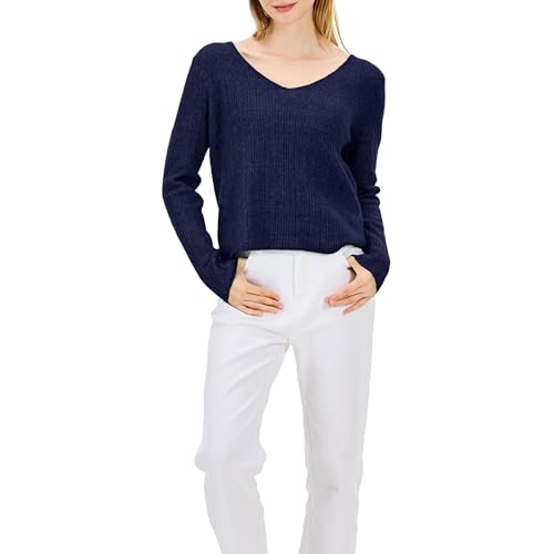 Image of Simple&Opulence Women's Long Sleeve V-Neck Sweater Off-Shoulder Light Cropped Sweaters for Women Wool Sweater S-XL