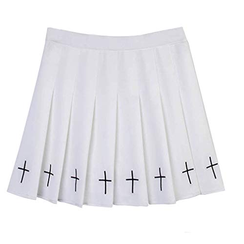 Girls Punk Cross Embroidery Skirts Pleated Women High Waist Mini Skirts Cross Female Black White Skirts (White, L)