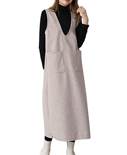 [JudyRose] ジャンパースカート ワンピース レディース Vネック 秋 冬 春 ロング丈 ノースリーブ 重ね着 大人 無地 上品 (JP, アルファベット, L, ベージュ)のサムネイル