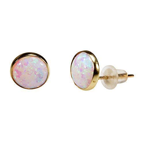 14K Gold White Opal Stud Earrings - 14K Solid Yellow Gold Studs, Dainty 8mm October Birthstone Medium Size Opal Jewelry, Simple Handmade Gift for Classy Women
