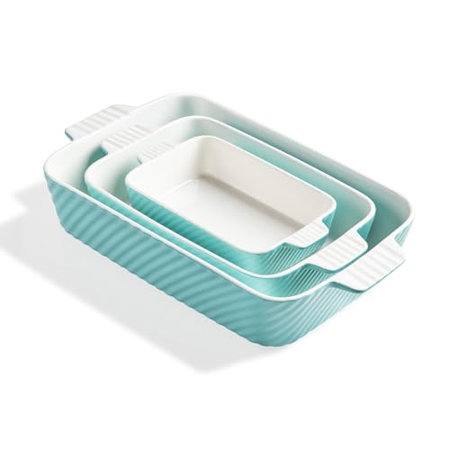 Sweejar Home Ceramic 13 x 9 Baking Pan, Cake Baking Dish for Brownie, Porcelain Striped Casserole Dishes for Oven with Handle for Lasagna, Family Dinner Set of 3(Turquoise)
