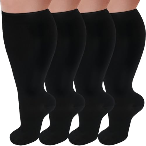 Image of 4 Pairs Plus Size Compression Socks for Women and Men 20-30 mmHg, Wide Calf Stockings Best Support for Circulation, Running