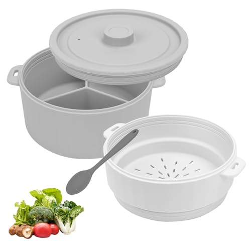 BestYiJo Doppel-Dampfgarer für Mikrowelle, Mikrowellenbehälter Spülmaschinenfest zum Dämpfen, Servieren und Aufbewahren von Speisen, Energiesparend und Schnelle Zubereitung, 18.8 x 12.5cm (Grau)