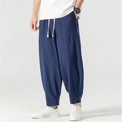 Men Linen Pants Baggy Pants Summer Ankle-Length Solid Color Bottom Pants3
