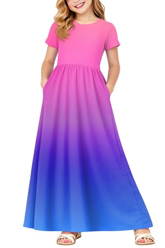 Image of Deerose Girls Maxi Dress Short Sleeve Casual Long Dresses with Pockets 5-14 Years
