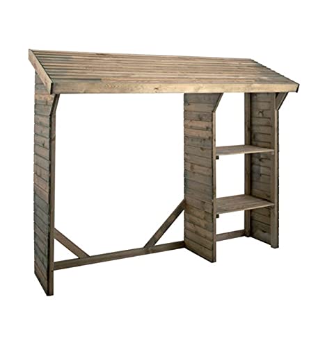 Abri bûches en bois SPLIT Jardipolys | 200 x 75,5 x 183 cm | 1,5 stères | Abri de stockage à bois avec 2 compartiments | étagères de rangement pour outils de jardinage et de découpe | Rangement pour bois de chauffage avec toit en bois et murs