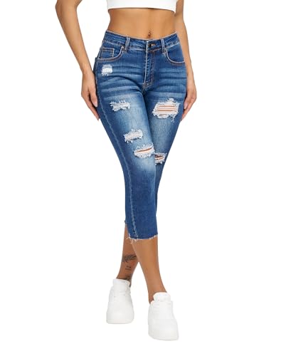 roswear Women's Capri Jeans Ripped Stretch Denim Capris Mid Rise Skinny Cropped Pants
