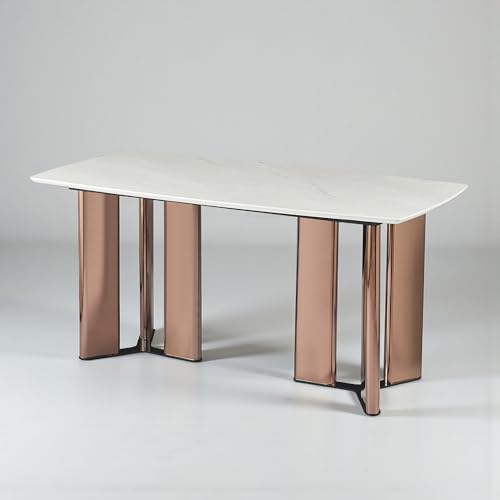 Image of The Attic Majestic Aura Ceramic Dining Table with Premium Rose-Gold Pedestal Columns - Modern Luxury Rectangular 6 Seater Dining Table
