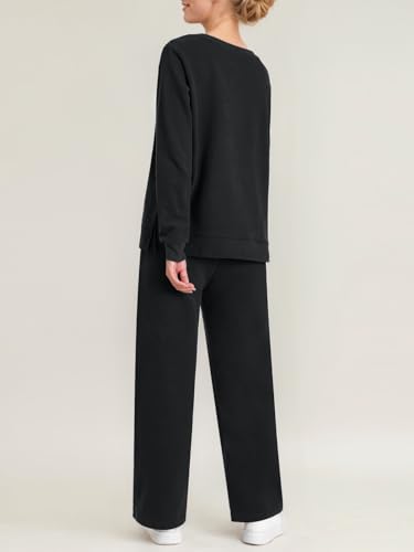Weintee Women's Petite Sweatsuits Side Slit Sweatshirt and Sweatpants Sets Wide Leg Jogging Suits2