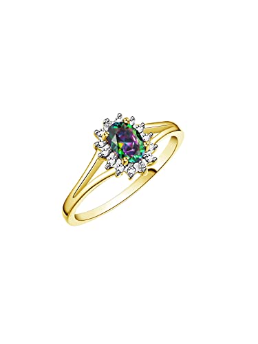 Image of Rylos Halo Ring: Diamond Birthstone with 6X4MM Oval Gemstone - Women's Jewelry in Yellow Gold Plated Silver - Stunning Diamond Ring Sizes 5-10