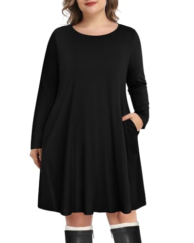 Pinup Fashion Women's Long Sleeve Plus Size Dress Casual T-Shirt Swing Loose Dresses with Pockets