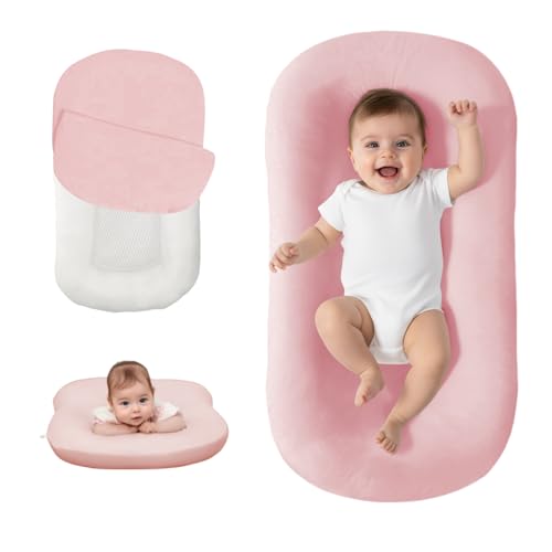 Lucakuins Baby Lounger, Bionic Design Baby Lounger for Newborn 0-24 Months, Soft Organic Cotton Breathable Lounger for Infants (Lovely Pink Lounger)