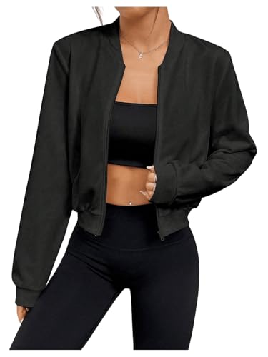 SweatyRocks Women's Lightweight Jackets Casual Basic Zip Up Cropped Bomber Jacket