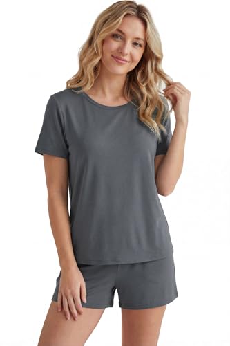 Image of LUBOT Pajamas for Women Set Bamboo Viscose with Cotton Cooling Soft 2 Piece PJ Sets Short Sleeve Nightwear S-2XL