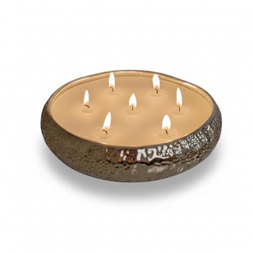 Aeolian 7 Wick Vanilla Scented Candle in Hammered Champagne Bowl (20cm) - Luxurious Soy Wax Table Centrepiece Perfect Home Decoration Gift Elegant Interiors by Rowen Homes (Bronze)