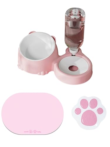 AAGWW 猫 食器 ご飯皿 餌台 猫えさ容器 みずのみ皿 食器・ボウル 犬 スラントペット 自動給水機能付き 3 点セット セラミックボウル + ラグ + スポンジクロス セット 犬猫兼用 首保護 防黒チン 洗いやすい(ピンク)