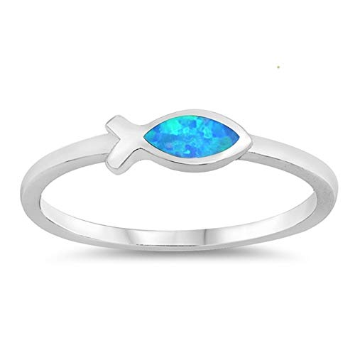 CloseoutWarehouse Blue Simulated Opal Christian Fish Ring Sterling Silver - Main Image