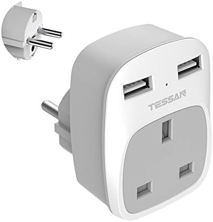 UK to European Schuko Travel Adapter with 2 USB Ports, Grounded EU Euro Europe Power Plug Adapter for Germany France Iceland Poland Spain Russia and More (Type E/F)