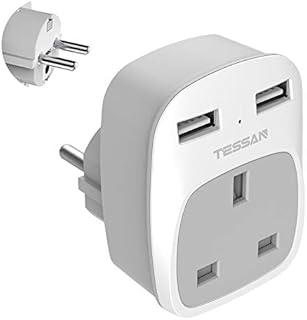 UK to European Schuko Travel Adapter with 2 USB Ports, Grounded EU Euro Europe Power Plug Adapter for Germany France Iceland Poland Spain Russia and More (Type E/F)