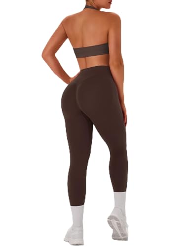 TDIFFUN Women Workout Sets 2 Piece Seamless Scrunch Butt Lifting Leggings Halter Sports Bra Matching Set Gym Yoga Outfits (Brown