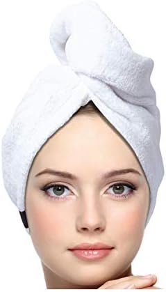 KEEPOZ Hair Towel Wrap Quick Dry 100% Cotton Super Absorbent Turban Head Wrap for Women with Button, Non Microfiber Anti Frizz Hair Products, Hair Cap for Curly, Long & Thick Hair (White, 1 Pc)