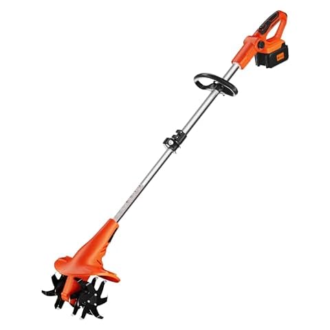 Ukoke Cordless Tiller Cultivator 40V 2.0 A Battery 280 max RPM Powered Tiller Cultivator, w/24 Steel Blade Cultivate Max Tilling 5'' deep Path by 7.8'' Wide, Orange, CT1940 Cover