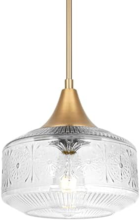 9 Inch Brass Gold Pendant Light with Large Glass Shade, Vintage P...