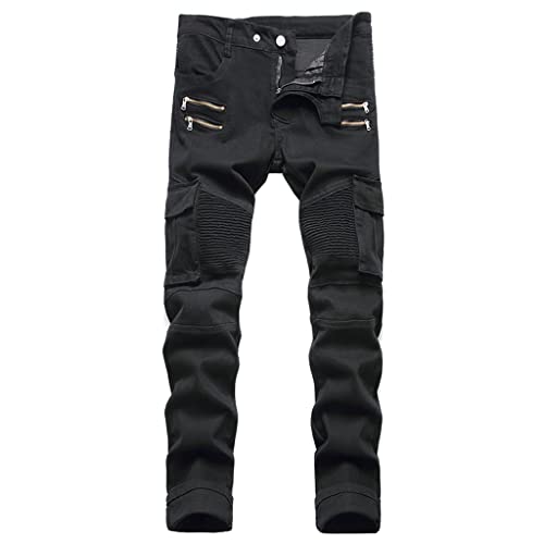 Jean cargo biker slim stretch avec poches et fermetures éclair plissées pour homme