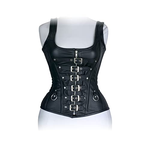 Bikersgearonline Women Steampunk Punk Rock Black Real Leather Steel Boned Buckle Up Corset Bustier Basque Top (As1, Alpha, L, Regular, Regular) #TOP3