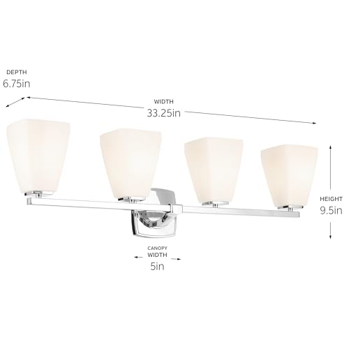 Image of Kichler Marant 4-Light Bathroom Vanity Light Fixture with Opal Glass, Modern Chrome Wall Mount Over Mirror for Powder Room (33.25 in x 9.5 in x 6.75 in), 55217CH