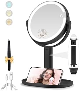 MOMOKUBA Kosmetikspiegel mit Beleuchtung, Vergrößerungsspiegel mit Licht 30fach, Kosmetikspiegel mit Vergrößerung 7", Doppelseitig 3 Farben 64 Led, Schminkspiegel mit Beleuchtung 3