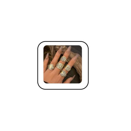 PINK TOWN Vintage Knuckle Rings Set for Women Bohemian Retro Hollow Carved Flower Rings Boho Stackable Chunky Rings Set Y2k Ring Statement Rings Vintage Bohemian Style Jewelry for Women (5PCS Gold)