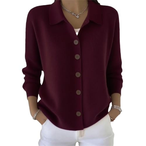 Suéteres tipo cárdigan de mezcla de lana para mujer, de cachemira, con botones, cuello de solapa, suéter ligero y moderno de punto de manga larga, granate, M
