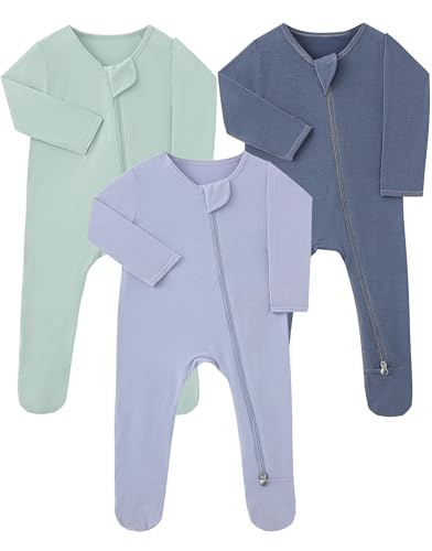 Slumber Buddy Baby Footie Pajamas Newborn Sleepers 0-3 Months for Boy, Rayon Made from Bamboo Double Zipper Zip Up Onesies Clothes with Mitten Cuffs Unisex Gender Neutral Viscose