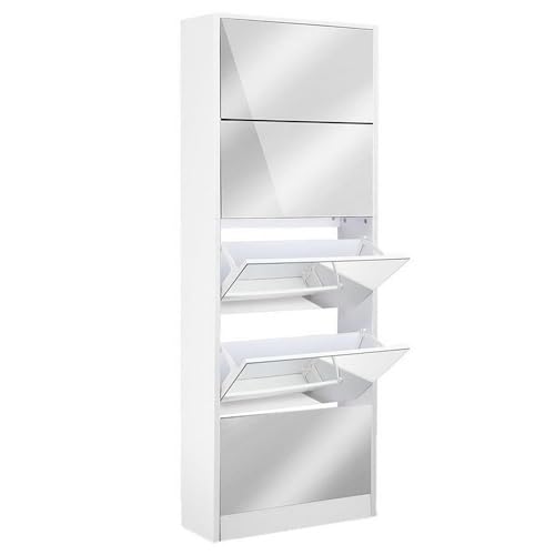 Artiss Shoe Cabinet with 5 Flip Drawers, 25 Pairs Shoe Storage Cabinet Organiser with Full-Length Mirror, Free Standing Shoe Shelf Footwear Organizer for Bedroom Closet Hallway Entryway, White