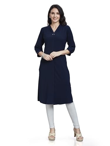 Image of nioni Women's Straight Solid Kurti with V-Fold Neck | Rayon Lycra Material | Fashionable Micro Pleates | 3 /4th Sleeve Kurta for Woman & Girls (S to 2XL)