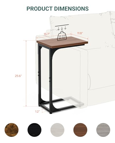 Image of C-Shaped Side Table for Couch - Small Coffee Stand Sofa Tray Desk with Metal Frame and Waterproof Scratch Resistant, Modern End Accent for Living Room, Bedroom, Set of 2, Rustic Walnut