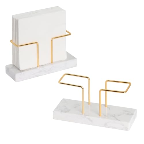 2 Pack Cocktail Napkin Holder for Table,Natural Marble Napkins Holder with Metal Wire,Modern Tissue Paper Dispenser for Dining Table Bar Kitchen (for 5 x 5 inches napkin) by biroris - Used condition - US$25.58