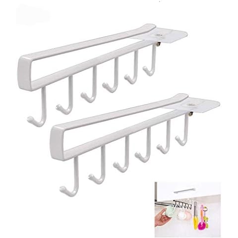 Cup Holder Under Cabinet 2 Pack Coffee Tea Cup Mug Holder with 6 Hooks Under Shelf Mug Drying Holder Rack Cupboard with 2 Pack Adhesive Screws for Kitchen Cover